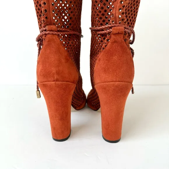 Paul Andrew Amirah Perforated Peep Toe Mid Calf Block Heel Boots in Spice