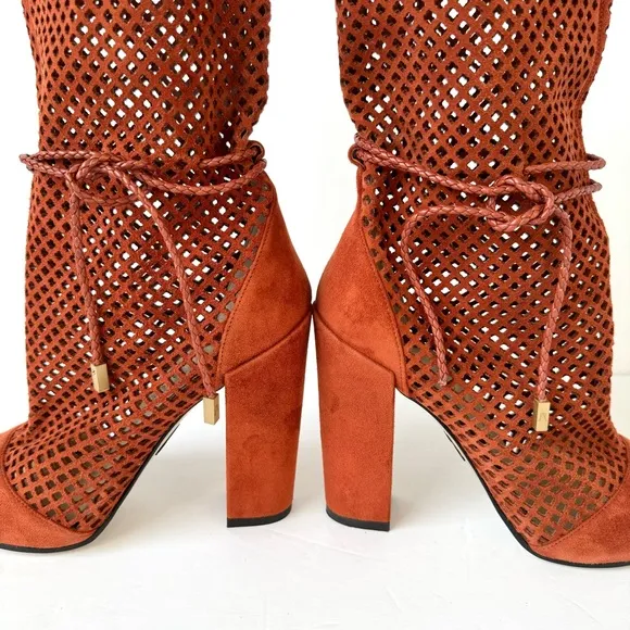 Paul Andrew Amirah Perforated Peep Toe Mid Calf Block Heel Boots in Spice