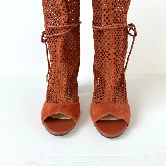 Paul Andrew Amirah Perforated Peep Toe Mid Calf Block Heel Boots in Spice