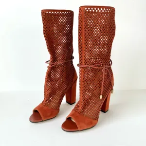 Paul Andrew Amirah Perforated Peep Toe Mid Calf Block Heel Boots in Spice
