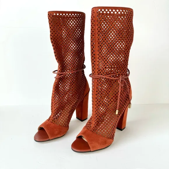 Paul Andrew Amirah Perforated Peep Toe Mid Calf Block Heel Boots in Spice