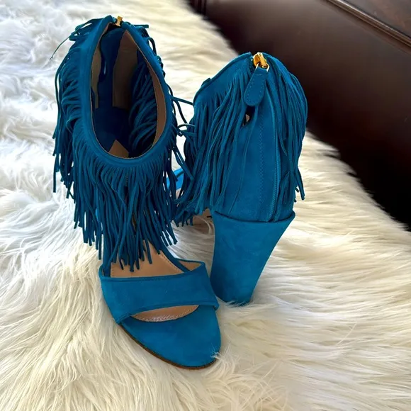 Paul Andrew for J. Crew Blue Suede Fringe Heel 9 New