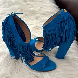 Paul Andrew for J. Crew Blue Suede Fringe Heel 9 New