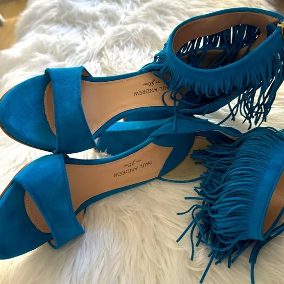 Paul Andrew for J. Crew Blue Suede Fringe Heel 9 New