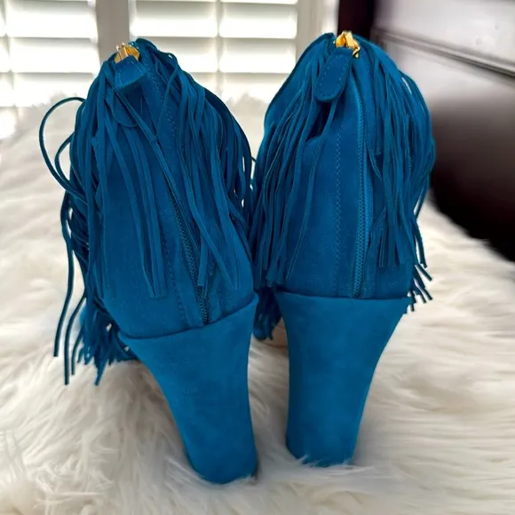 Paul Andrew for J. Crew Blue Suede Fringe Heel 9 New
