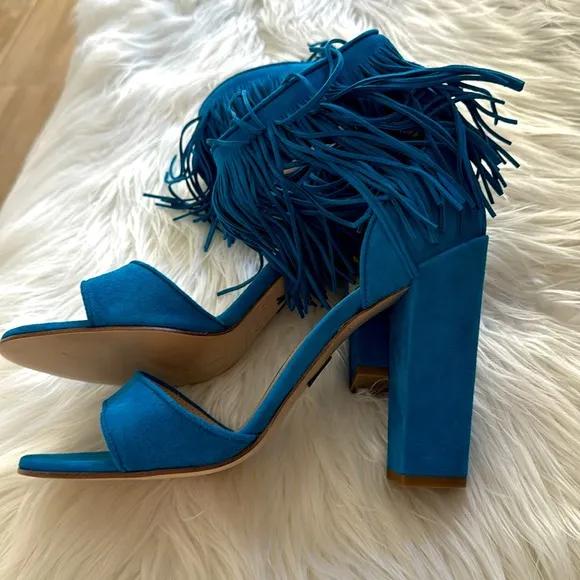 Paul Andrew for J. Crew Blue Suede Fringe Heel 9 New