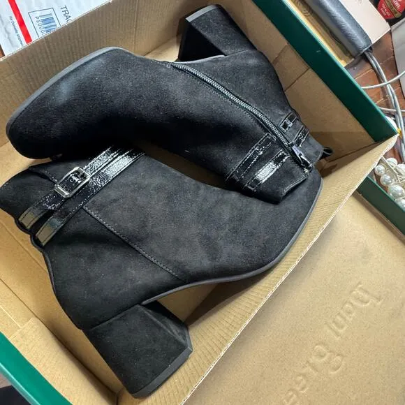 Paul Green Black Suede Sydney Italian Leather Boots Block Heel Size 8 NWB