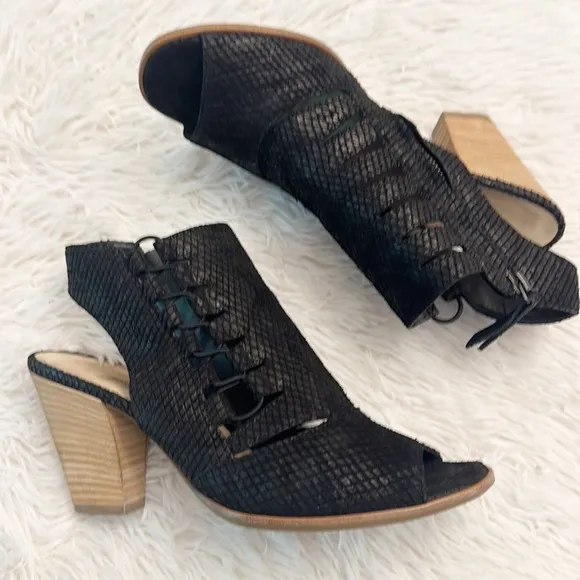 Paul Green Sabrina Black textured lace up heel sling back sandals women size 8