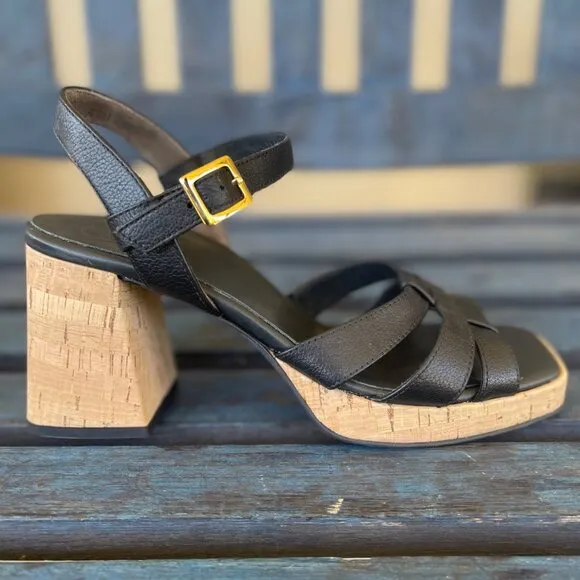 Paul Green Tina Women Sandal 9.5 Black Leather Retro Cork Block Heel Adjust Stra
