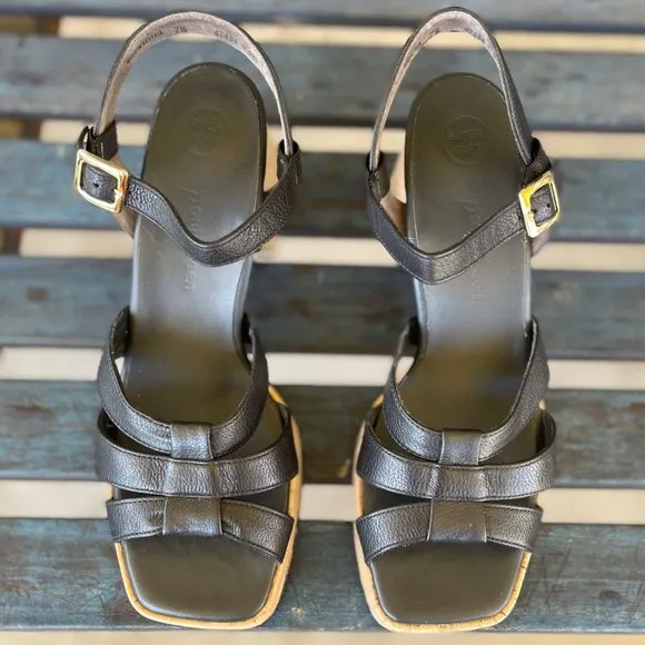 Paul Green Tina Women Sandal 9.5 Black Leather Retro Cork Block Heel Adjust Stra