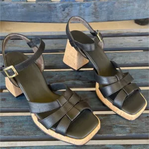 Paul Green Tina Women Sandal 9.5 Black Leather Retro Cork Block Heel Adjust Stra