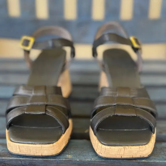 Paul Green Tina Women Sandal 9.5 Black Leather Retro Cork Block Heel Adjust Stra
