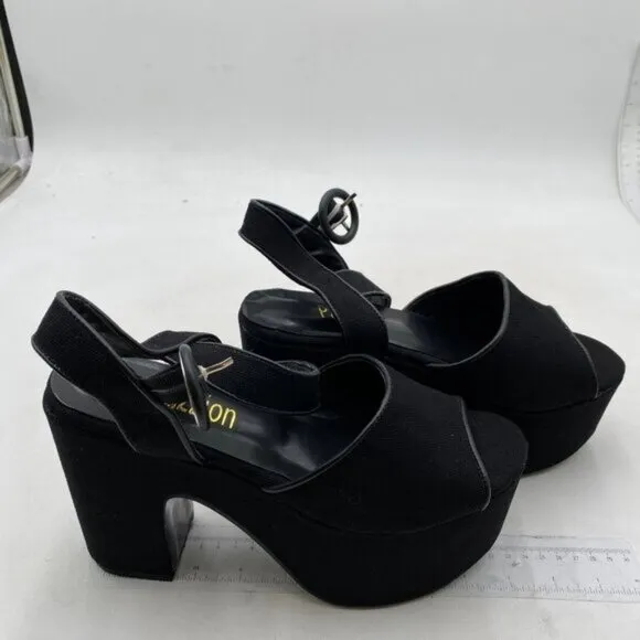 Pazzion Black Velvet Chunky High Heel Platform Open Toe Ankle Strap Sandals