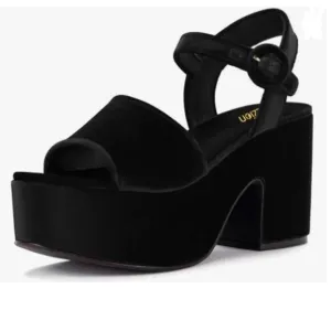 Pazzion Black Velvet Chunky High Heel Platform Open Toe Ankle Strap Sandals