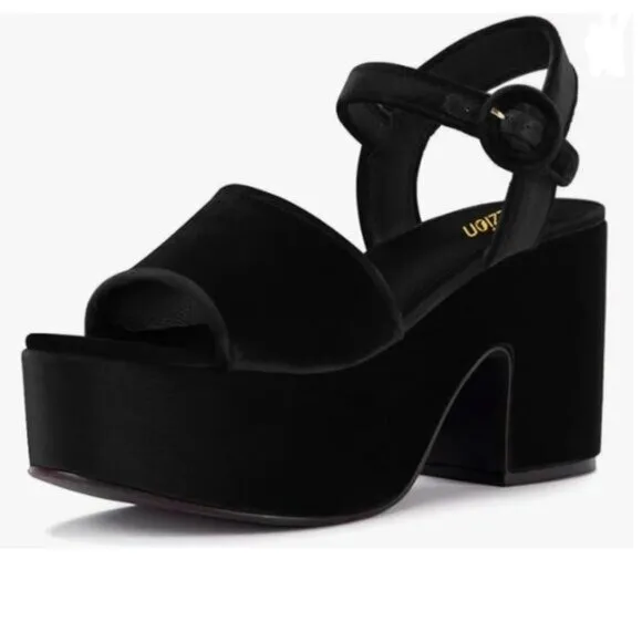 Pazzion Black Velvet Chunky High Heel Platform Open Toe Ankle Strap Sandals