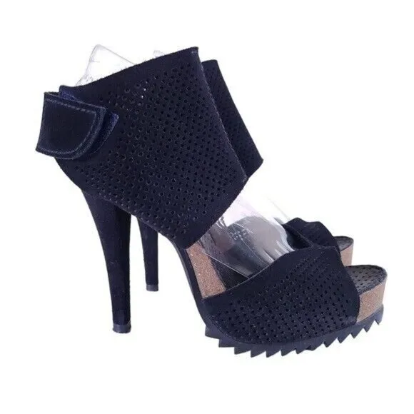 Pedro Garcia Blue Suede Ankle Wrap High Heel Sandals Shoes 37 Size 7 Lug Sole