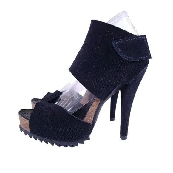 Pedro Garcia Blue Suede Ankle Wrap High Heel Sandals Shoes 37 Size 7 Lug Sole