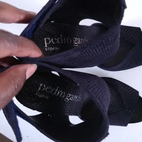 Pedro Garcia Blue Suede Ankle Wrap High Heel Sandals Shoes 37 Size 7 Lug Sole