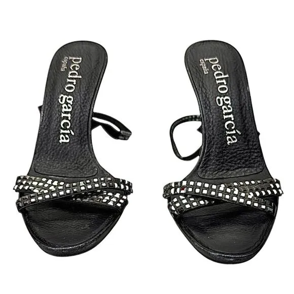 PEDRO GARCIA Studded Black Leather High Heel Sandals Stiletto Sz 6.5 US EU 36.5
