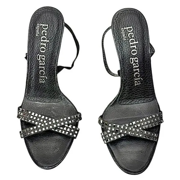 PEDRO GARCIA Studded Black Leather High Heel Sandals Stiletto Sz 6.5 US EU 36.5