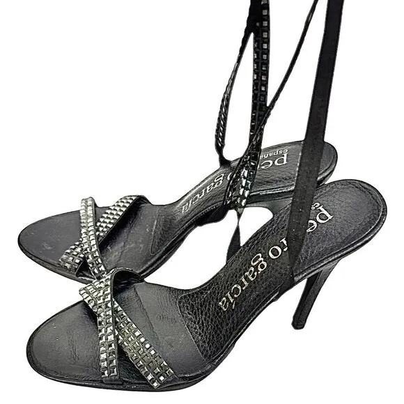 PEDRO GARCIA Studded Black Leather High Heel Sandals Stiletto Sz 6.5 US EU 36.5