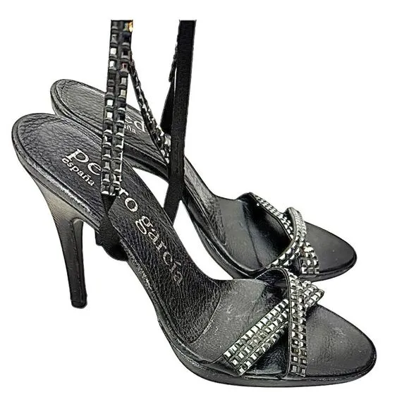 PEDRO GARCIA Studded Black Leather High Heel Sandals Stiletto Sz 6.5 US EU 36.5