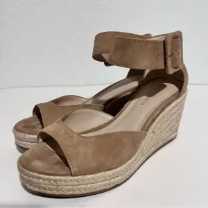 Pelle Moda Latte Kid Suede Leather Ankle Strap Wedge Sandals 5.5