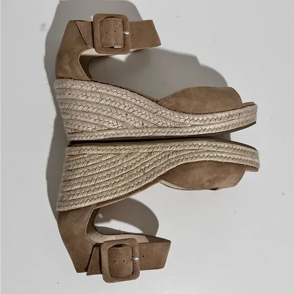 Pelle Moda Latte Kid Suede Leather Ankle Strap Wedge Sandals 5.5