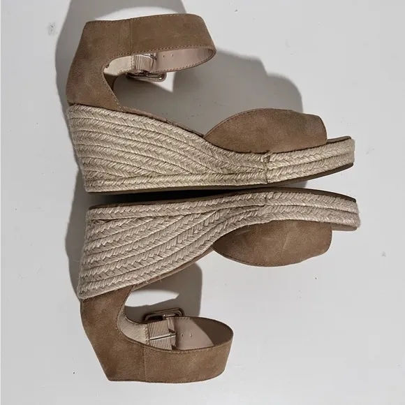 Pelle Moda Latte Kid Suede Leather Ankle Strap Wedge Sandals 5.5