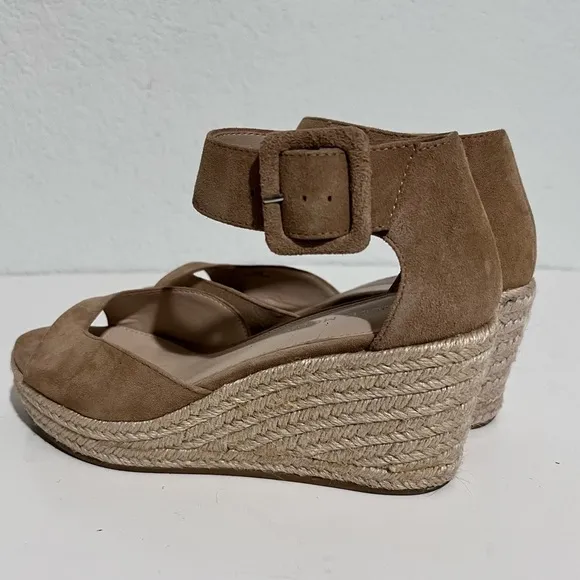 Pelle Moda Latte Kid Suede Leather Ankle Strap Wedge Sandals 5.5