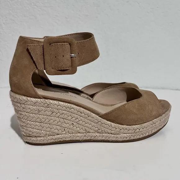 Pelle Moda Latte Kid Suede Leather Ankle Strap Wedge Sandals 5.5