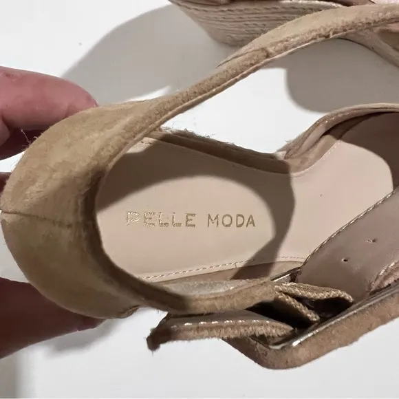 Pelle Moda Latte Kid Suede Leather Ankle Strap Wedge Sandals 5.5