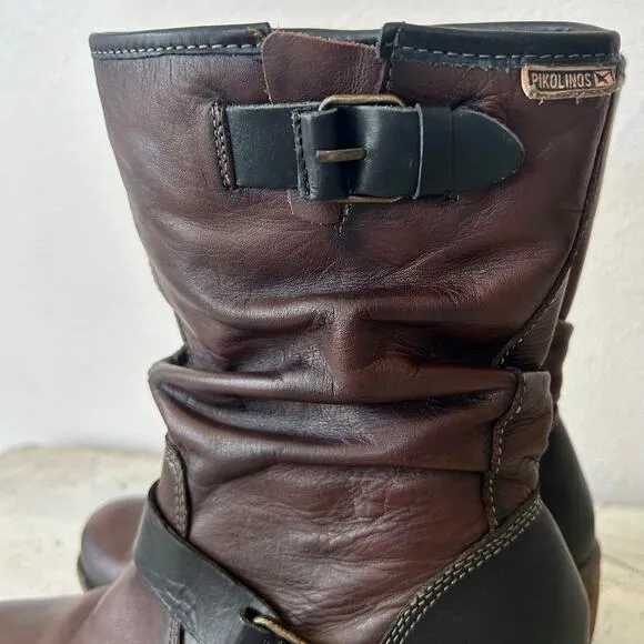 Pikolinos Le Mans leather biker boots Moto slouchy with buckles western 6.5 / 37