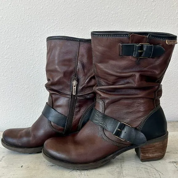 Pikolinos Le Mans leather biker boots Moto slouchy with buckles western 6.5 / 37