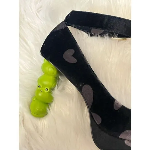 Pocketbean Retro Funky Black Heart Print Froggy Heel Shoes 9