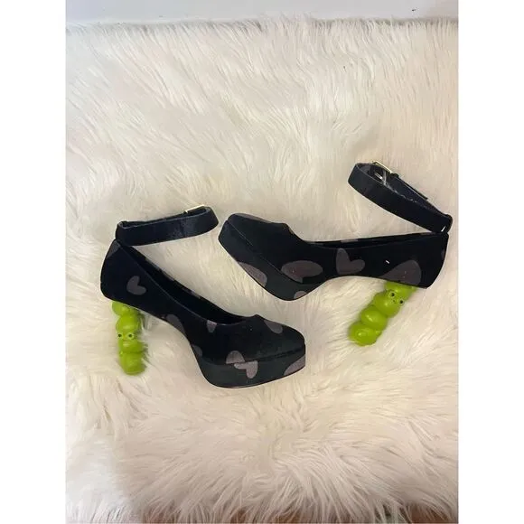 Pocketbean Retro Funky Black Heart Print Froggy Heel Shoes 9
