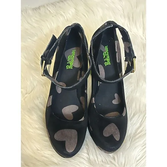 Pocketbean Retro Funky Black Heart Print Froggy Heel Shoes 9