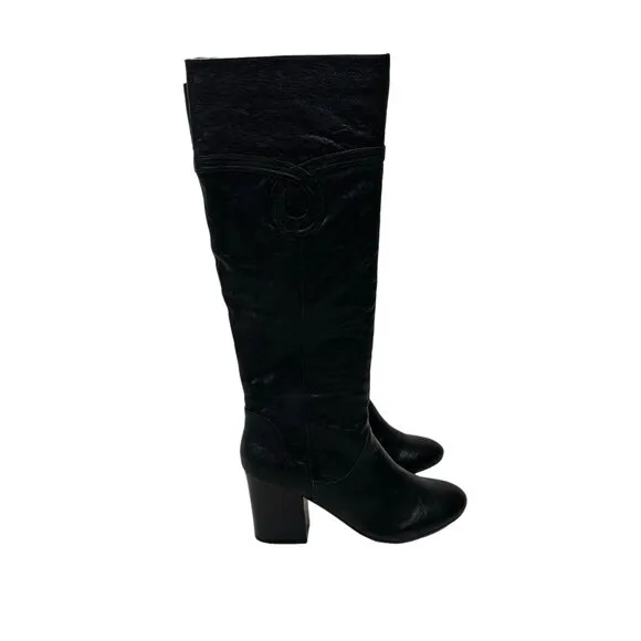 Poetic License Knee High Boots Black Leather Sultry Splash Sz 9 M Block Heel 00'