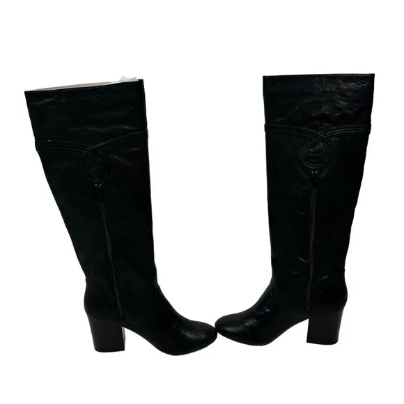 Poetic License Knee High Boots Black Leather Sultry Splash Sz 9 M Block Heel 00'