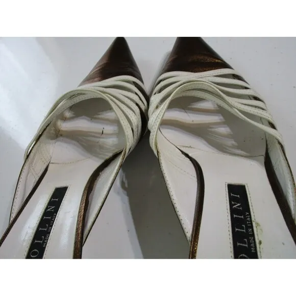 Pollini Womens Pumps 6.5 US Gold White Kitten Heels Shoes