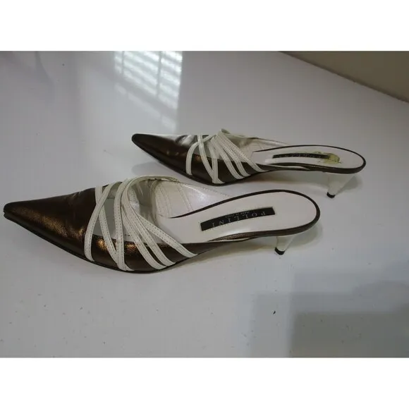 Pollini Womens Pumps 6.5 US Gold White Kitten Heels Shoes