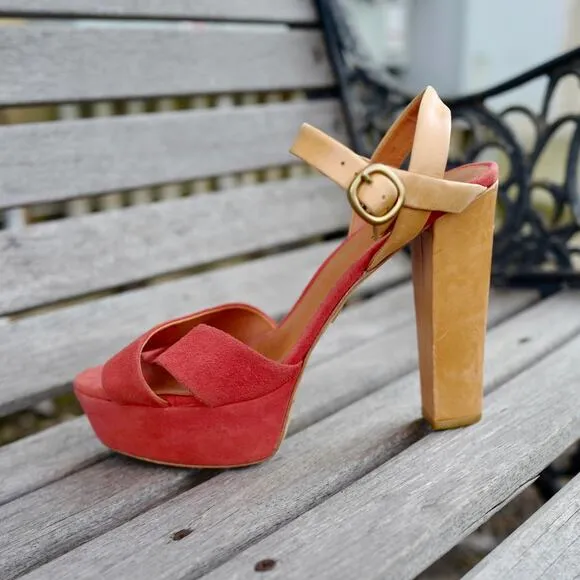 Pour La Victoire Neysa Heels – Red Suede Platform Open Toe Sandals Stacked Heel