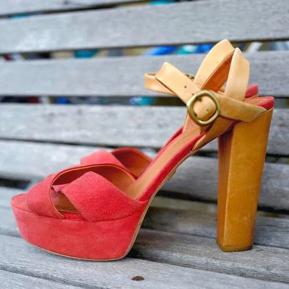 Pour La Victoire Neysa Heels – Red Suede Platform Open Toe Sandals Stacked Heel