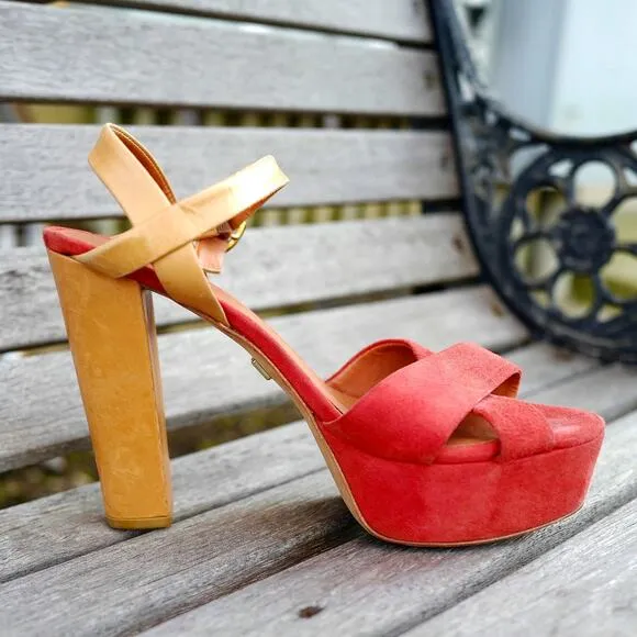 Pour La Victoire Neysa Heels – Red Suede Platform Open Toe Sandals Stacked Heel