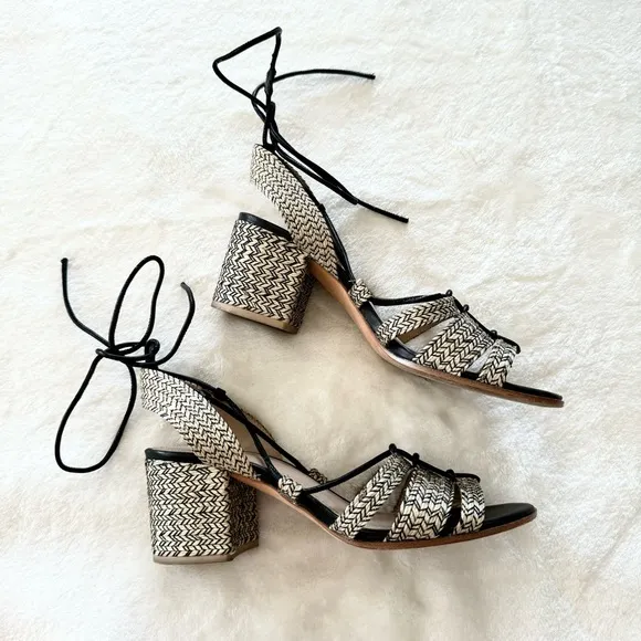 POUR LA VICTOIRE Womens Beige Woven Amada Open Toe Block Heel Sandals 7.5