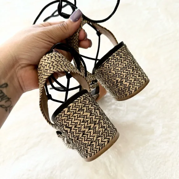POUR LA VICTOIRE Womens Beige Woven Amada Open Toe Block Heel Sandals 7.5