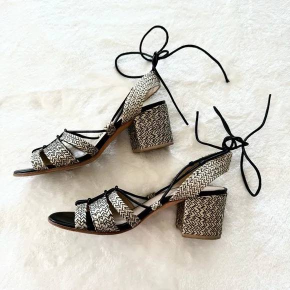 POUR LA VICTOIRE Womens Beige Woven Amada Open Toe Block Heel Sandals 7.5