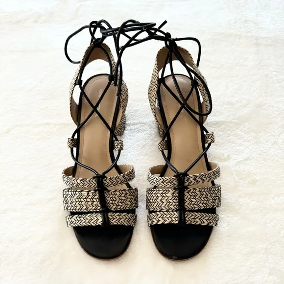 POUR LA VICTOIRE Womens Beige Woven Amada Open Toe Block Heel Sandals 7.5