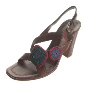 Prada Authentic Brown Purple Pink Blue Leather Knit High Heel Block Sandals 6.5
