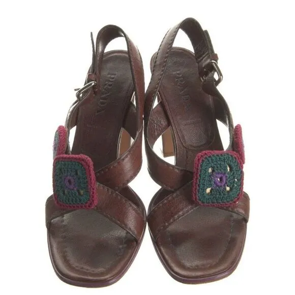 Prada Authentic Brown Purple Pink Blue Leather Knit High Heel Block Sandals 6.5